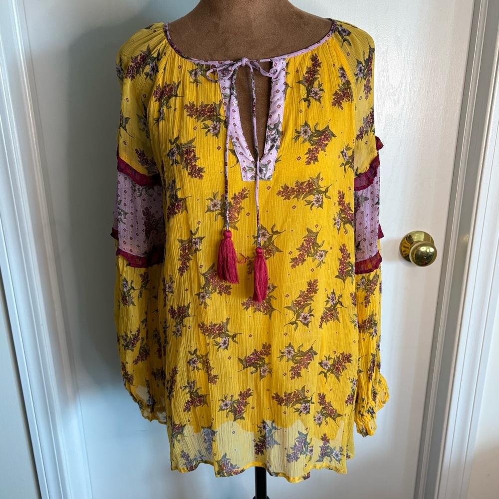 Sundance Yellow Floral Boho Tunic with Pink & Maroon Accents